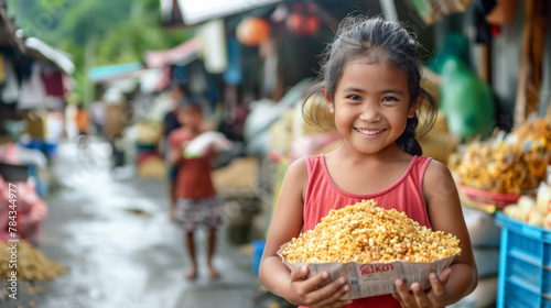 A young girl is holding a bowl of corn in her hands