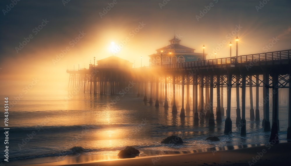 AI generated illustration of a foggy morning  by a Southern California Pier