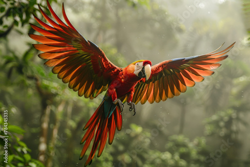 a parrot flying through the air with its wings spread open © Wirestock