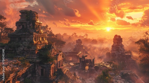 A mystical sunrise casts a golden hue over ancient temple ruins overtaken by nature, creating a breathtaking scene of history intertwined with the wild.