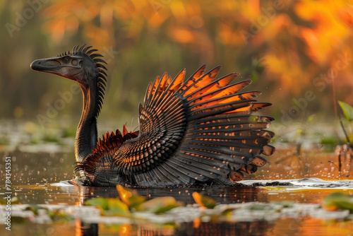 a turkey is swimming on the water during fall weather and is reflecting the red foliage © Wirestock