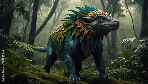 a blue, orange and green dinosaur is standing in a jungle © Wirestock