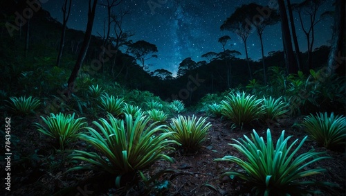 some green plants on a dirt field under a starry sky