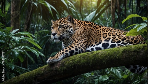 a leopard resting on a tree branch in the jungle of ecuador