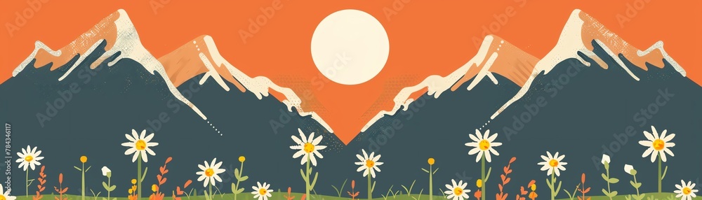 A field of flowers in front of a mountain range with a large sun in the sky.