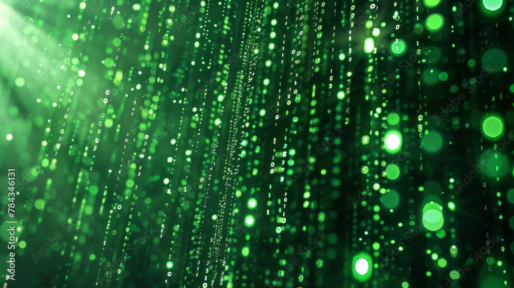 Digital rain of green binary code cascading down a dark backdrop ...