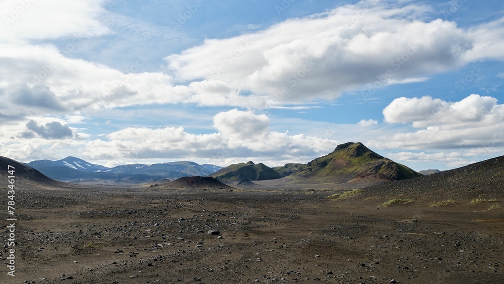 Beautiful landscape of mountains in Landmannalaugar against a blue cloudy sky