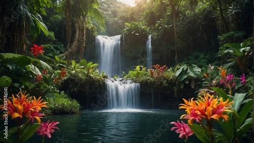 a waterfall surrounded by green plants in the middle of a jungle