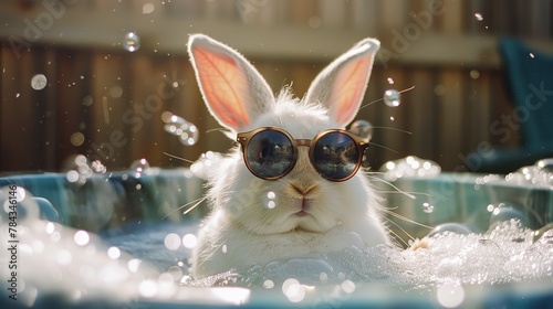 Cool bunny in sunglasses bathing in the sun surrounded by soap bubbles © rui