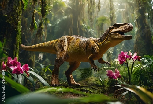 a t - rex walking through the woods with flowers in front © Wirestock