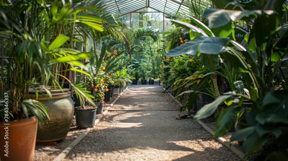 Meander down this gravel path surrounded by the lush, verdant leaves of tropical plants in the sunlit serenity of a spacious greenhouse.