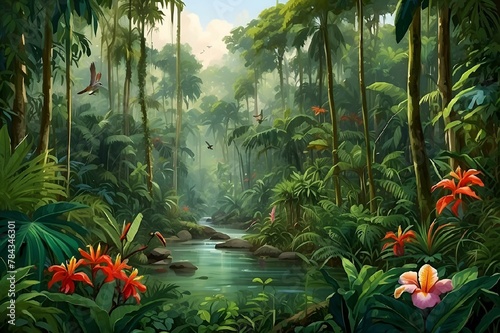 a jungle scene with a river surrounded by lush green vegetation