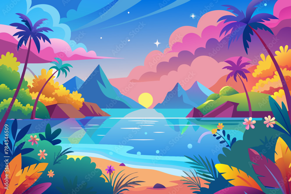 sunset with mountains, palm trees, and a quiet beach-