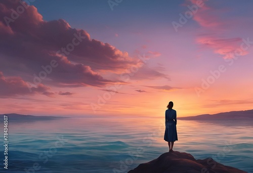 AI generated illustration of a woman on a coastline at sunset photo
