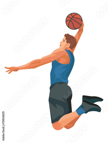 Basketball player in a blue jersey in profile who jumps high to dunk the ball into the hoop