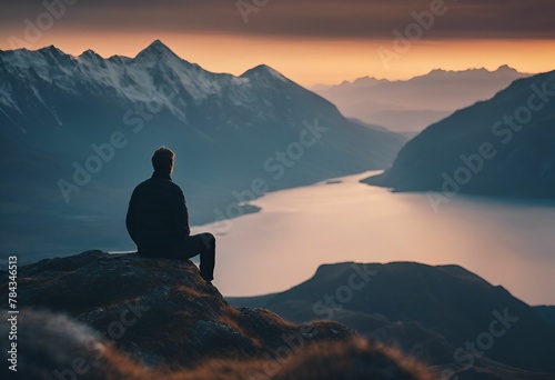 AI generated illustration of a man sitting on a green mountaintop at sunset