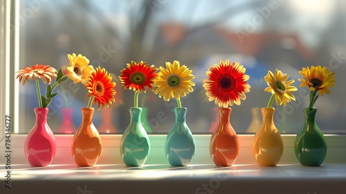 A set of miniature, brightly colored vases, each with a single, vibrant gerbera daisy, arranged on a sunny window ledge