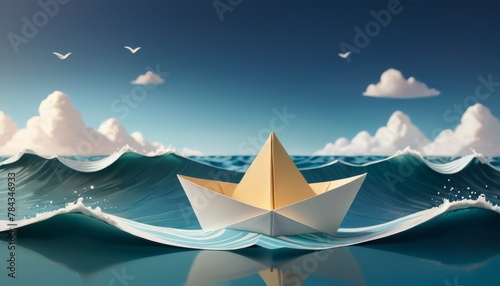 A solitary paper boat with a golden sail glides on the crest of gentle ocean waves under a sky dotted with birds and fluffy clouds. photo