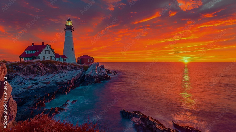 AI-generated illustration of a Maine lighthouse against a spectacular sunrise