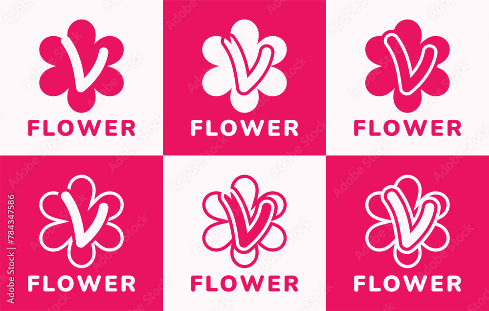 Set of letter V pink flower logo. This logo combines letters and pink flower shapes. Suitable for flower shops, flower farms, flower accessories shops and the like.