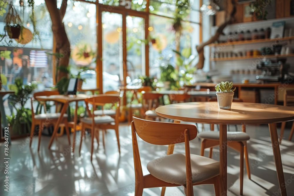 An empty cafe with wooden tables and chairs, and potted plants.