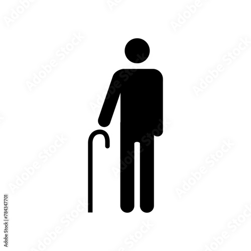 Priority access for elderly people icon. Vector illustration of symbol isolated on white background. Standing elderly man with cane. Priority access indicator.