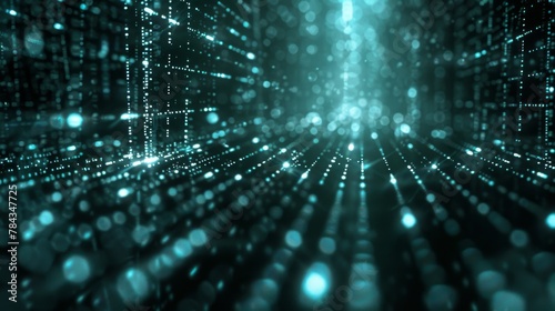 A digital abstract of a data stream visualized as sparkling bokeh lights on a dark background, representing connectivity and virtual information flow.