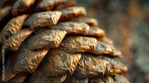 close up image of pine cone on tree with golden tining photo
