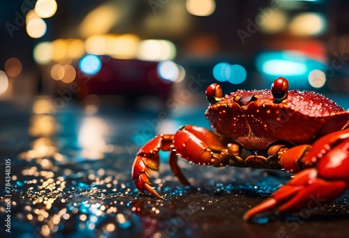 AI-generated illustration of a crab sitting on a wet sidewalk under lights during rain photo