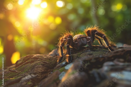 AI generated illustration of a big tarantula basking in sunlight on tree branch