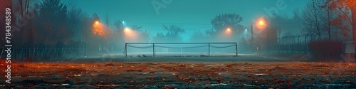 AI-generated illustration of a Foggy soccer field illuminated by nearby lamps