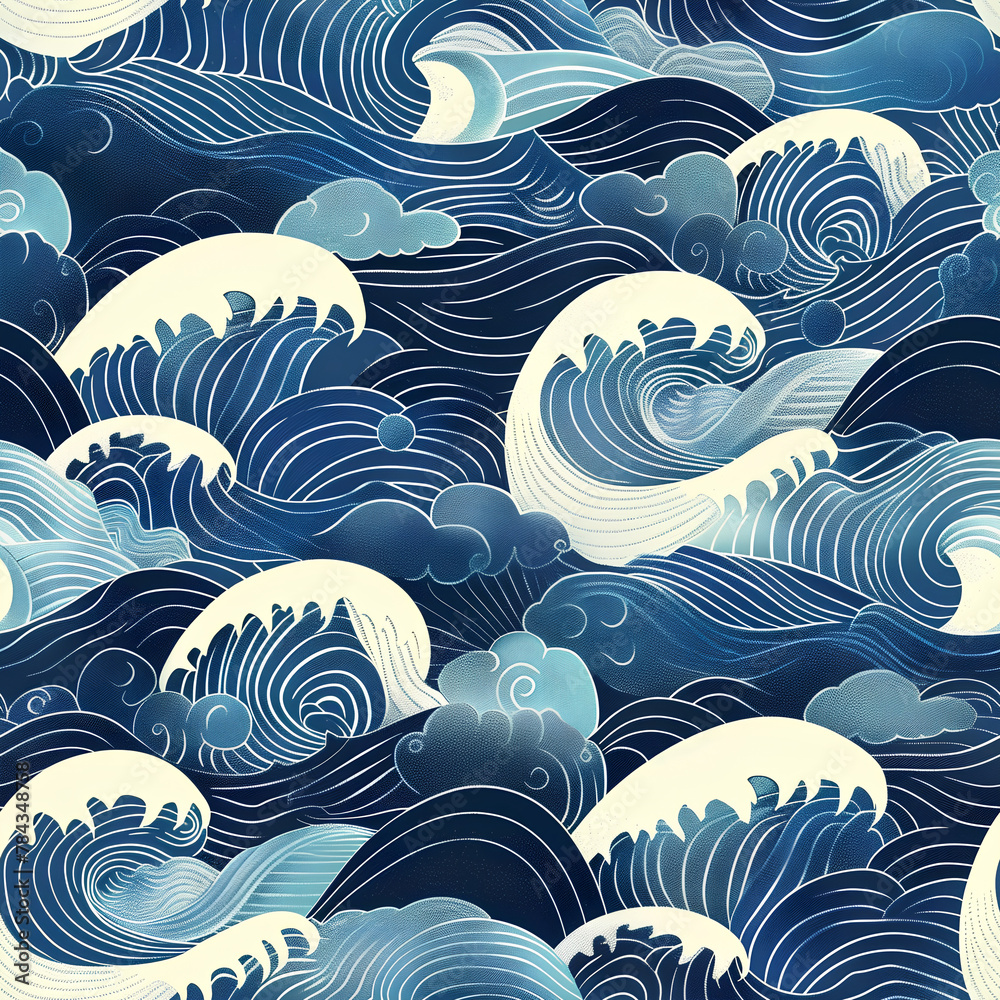 Traditional Japanese Wave Pattern, Indigo and White, Asian Artistic Illustration Traditional Japanese Wave Pattern, Indigo and White, Asian Artistic Illustration