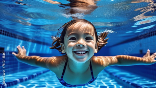 Cute happy asian child girl dive underwater and have Fun of swimming. Portrait little kid swimmer in the Swimming Pool. Summer kids activity, water sports
