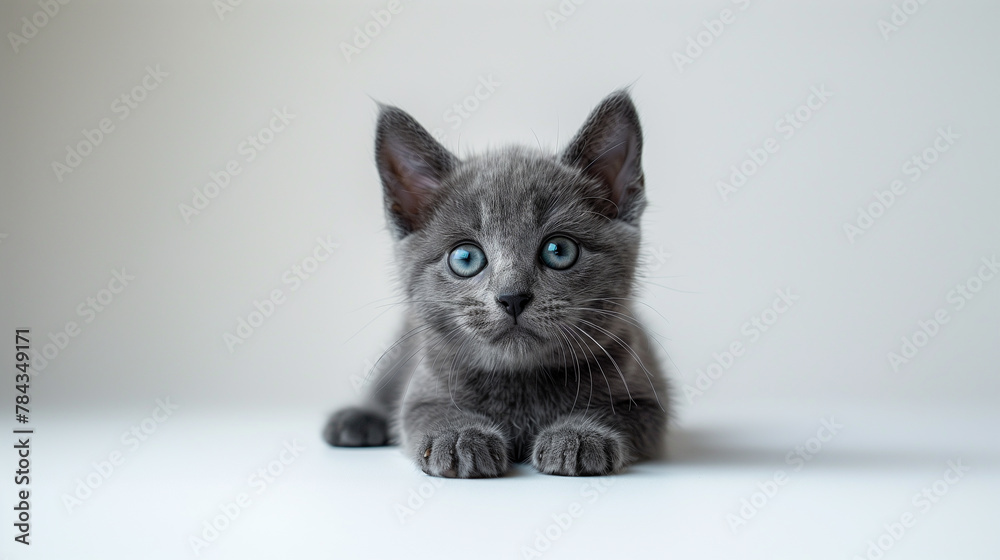 Studio shot  of grey british short hair kitten cat poses on camera on white background. Copy space for text. 

