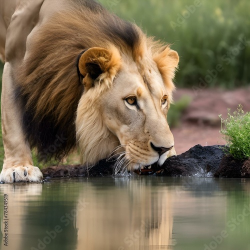 a lion looks at the water from near the edge of a river