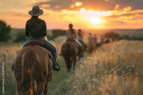 AI generated illustration of a group of individuals horseback riding in a field at sunset photo