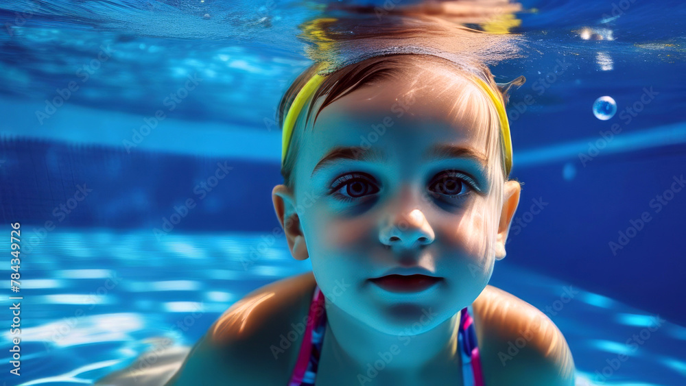 Cute happy caucasian boy child dive underwater and have Fun of swimming. Portrait little kid swimmer in the Swimming Pool. Summer kids activity, water sports
