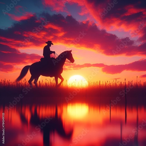 AI-generated illustration of a Man riding a horse by water on the sunset background