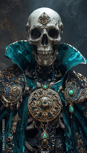 Artistic representation of a skeletal figure clad in elaborate royal attire, exuding dark fantasy vibes.