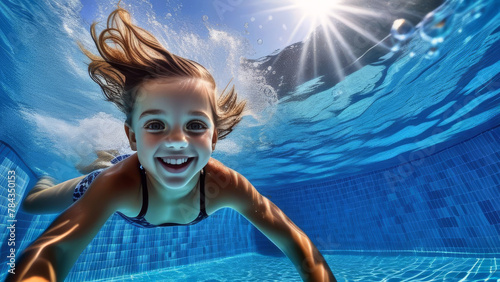 Cute happy caucasian girl child dive underwater and have Fun of swimming. Portrait little kid swimmer in the Swimming Pool. Summer kids activity, water sports
