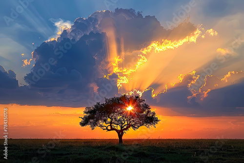the sun is shining behind a tree and clouds at sunset