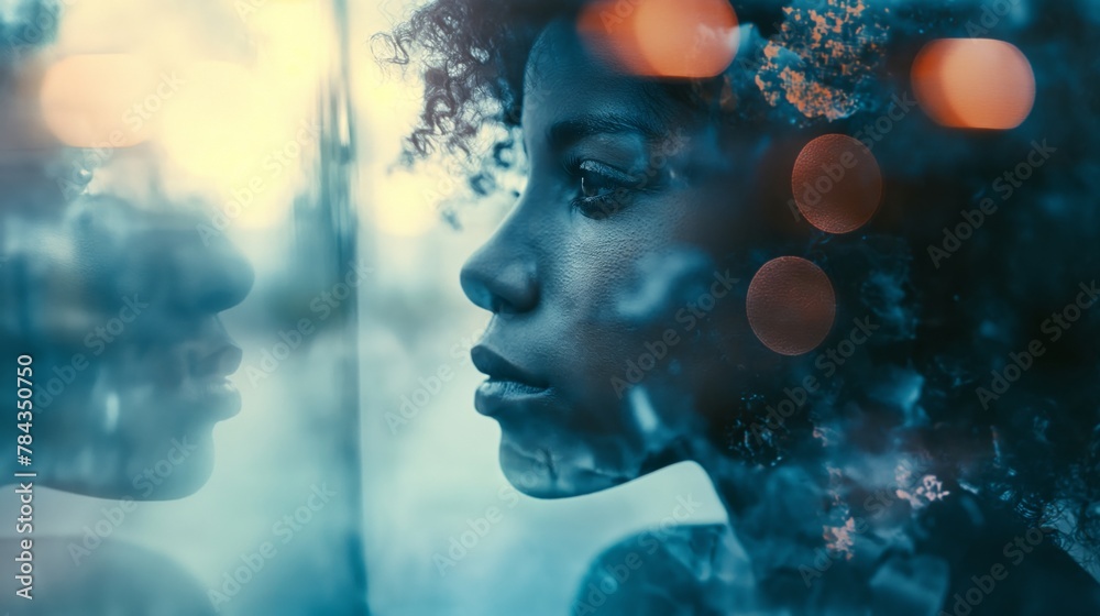 Φωτογραφία AI generated illustration of a woman gazing through a window