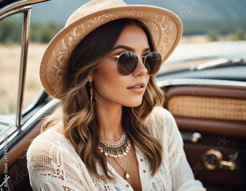 a young woman wearing sunglasses and hat sitting in an old car