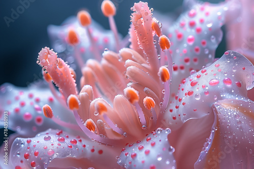 Water droplets adorning close-up fantasy flower underwater macro natural wallpaper background