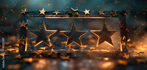 Three main gold stars with several others with sparkles on a dark background.