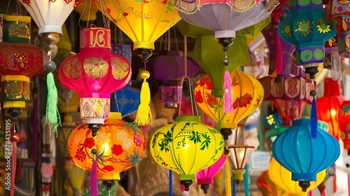 there are many colorful chinese lanterns in the market window display