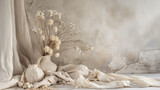 Artistic composition of dried flowers in a vase with textured backdrop and soft drapery, in neutral tones