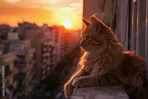 AI generated illustration of an orange cat lounging on a balcony at sunset