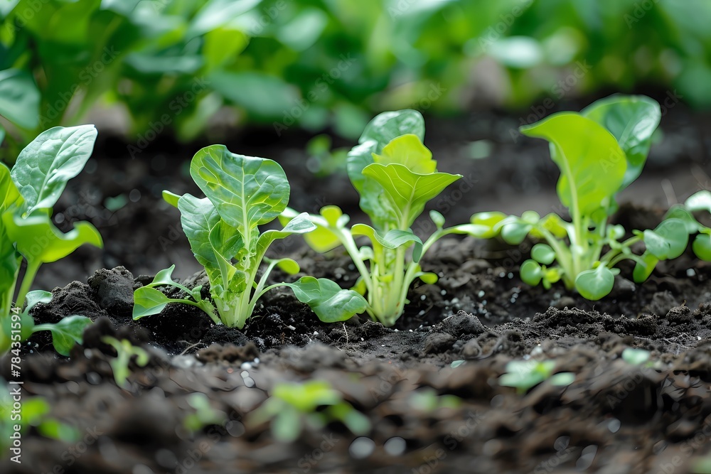 Close up of small plants growing in the ground, vegetables like spinach and lettuce. Ai generated