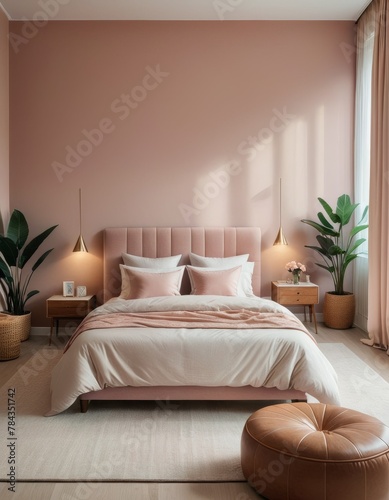 A stylish modern bedroom with a blush pink theme  complete with plush bedding  elegant furniture  and ambient lighting.